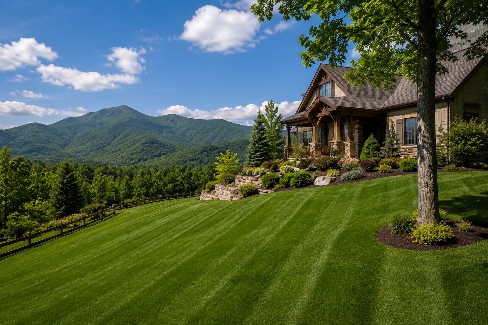 A manicured striped lawn beside a mountain home with Blue Ridge views