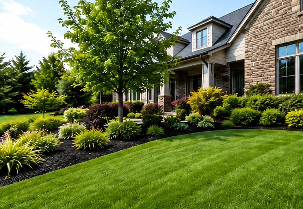 Freshly landscaped beds along a stone home